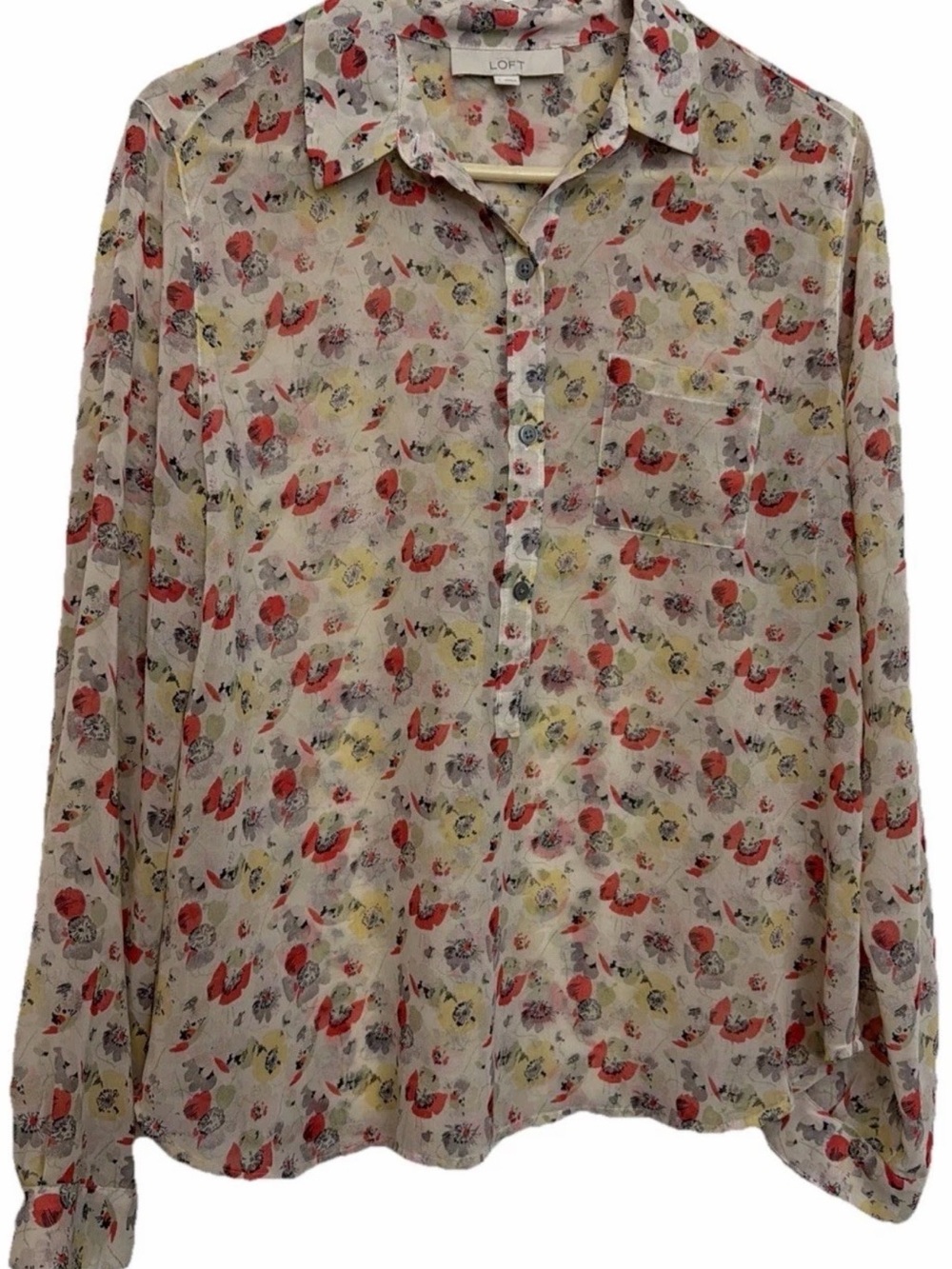 LOFT Ditsy Floral Sheer chiffon Button Up Top Cream Red Yellow Size L